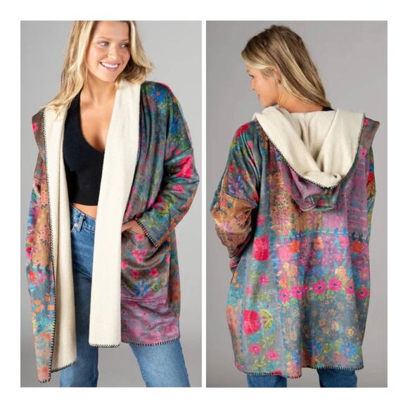Natural Life Cozy Blanket Kimono Soft Oversized Hooded Vintage Rose Patchwork OS - Picture 1 of 15